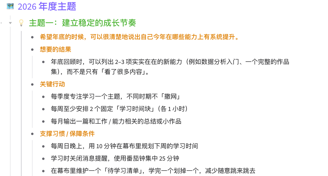 🎯 Step 3：为每个主题写清「结果 + 关键行动 + 支撑习惯」